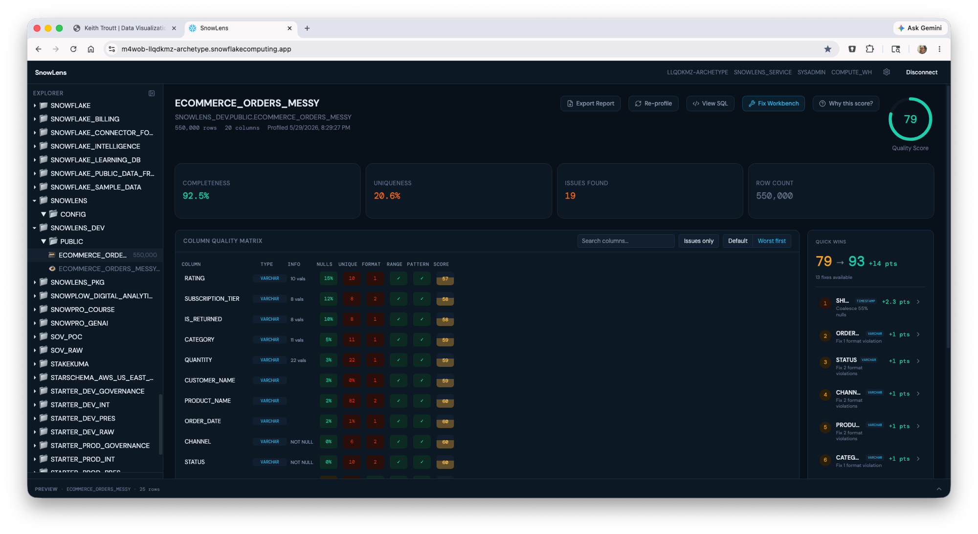 SnowLens, Snowflake data profiling & quality workbench: profile a table or whole schema, score quality, infer keys, and generate non-destructive fix SQL