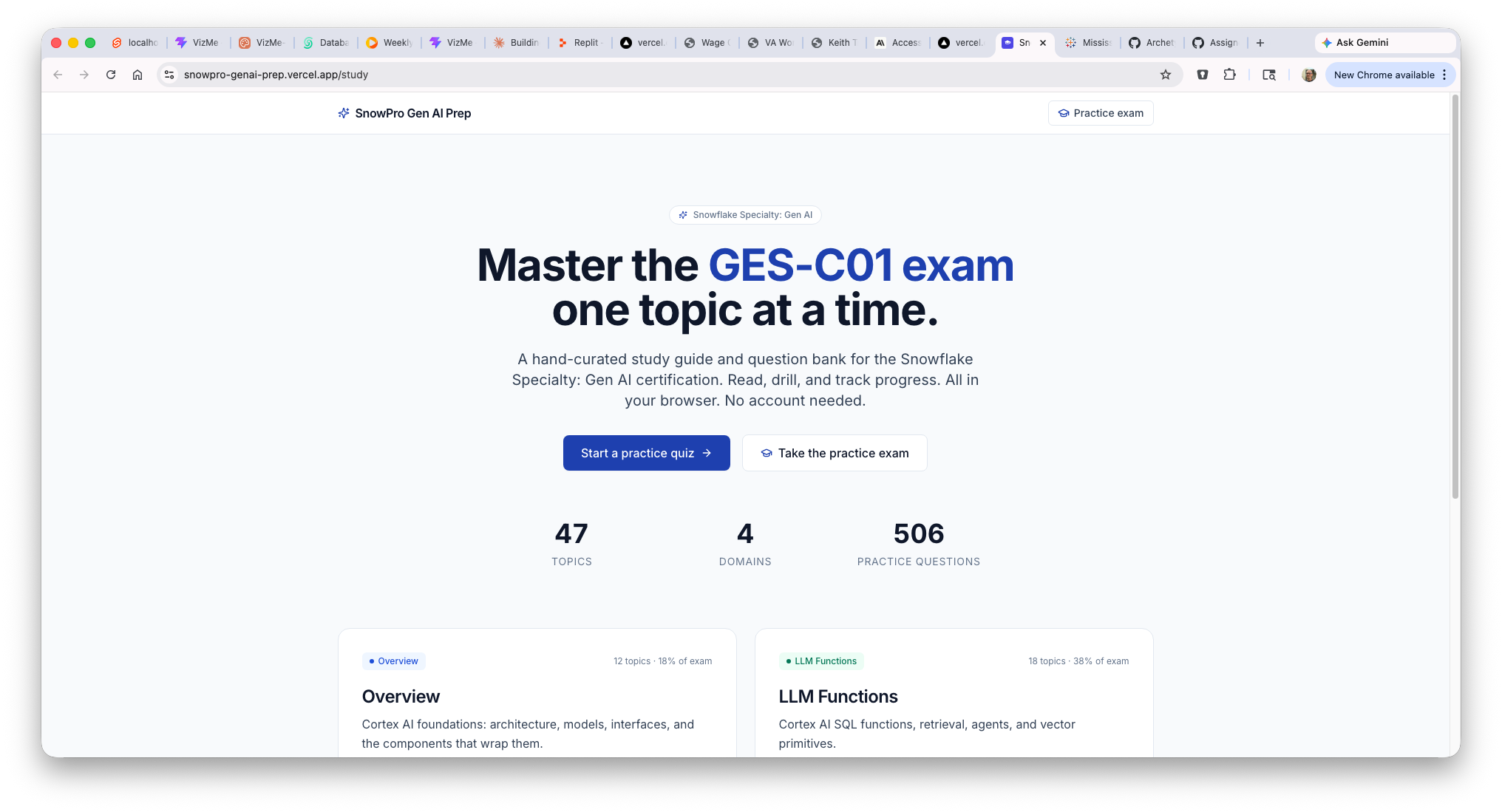 SnowPro Gen AI Prep, GES-C01 exam study guide and practice platform: 47 topics, 4 domains, 506 practice questions