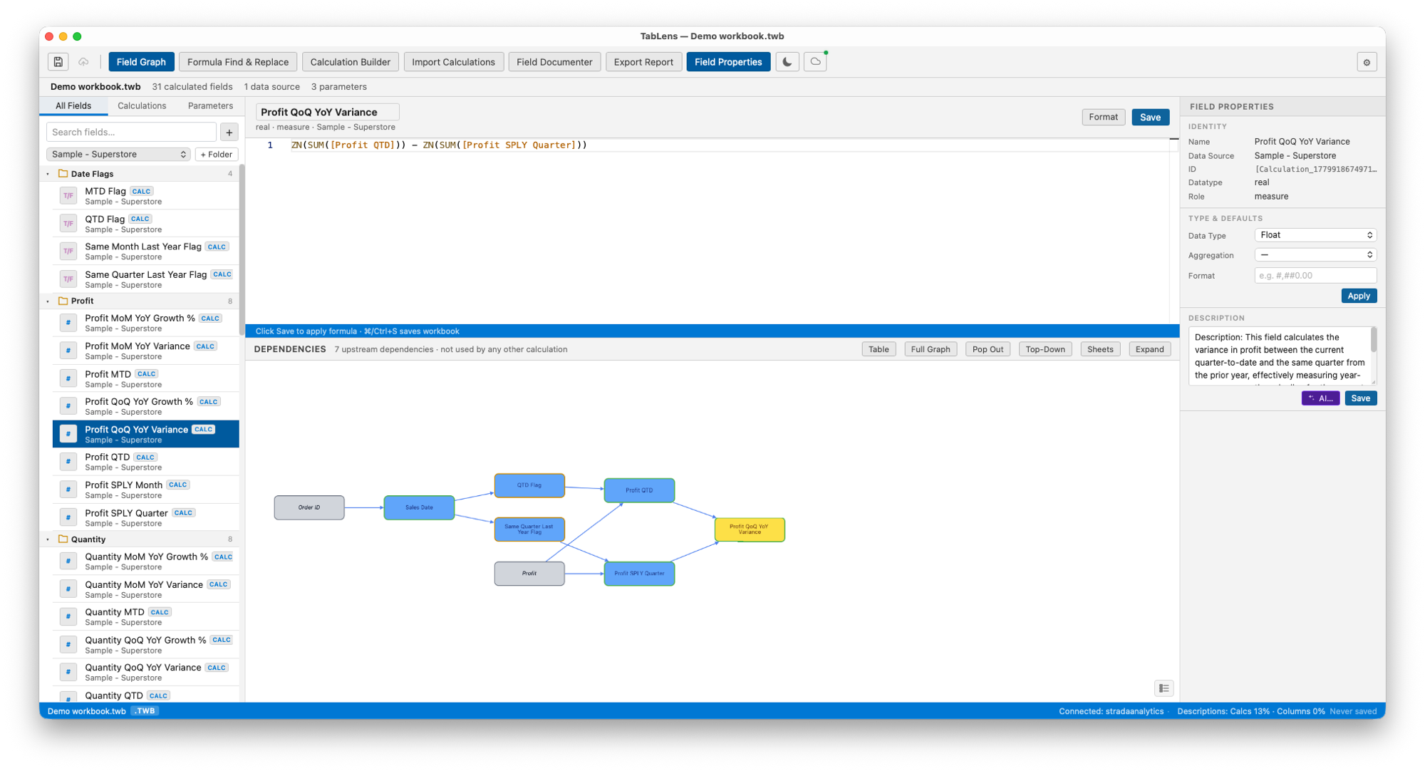 TabLens, Desktop IDE for Tableau workbooks: formula editing, dependency graphs, and AI documentation